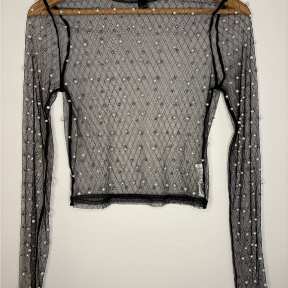 Forever 21 Tops - Forever 21 Black Sheer Pearl-Studded Blouse
